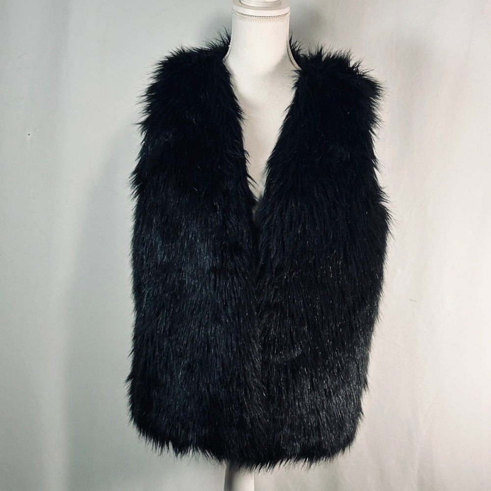 Time and Tru Womens Black Faux Fur Vest Shaggy Open Front Sleeveless Medium 8-10